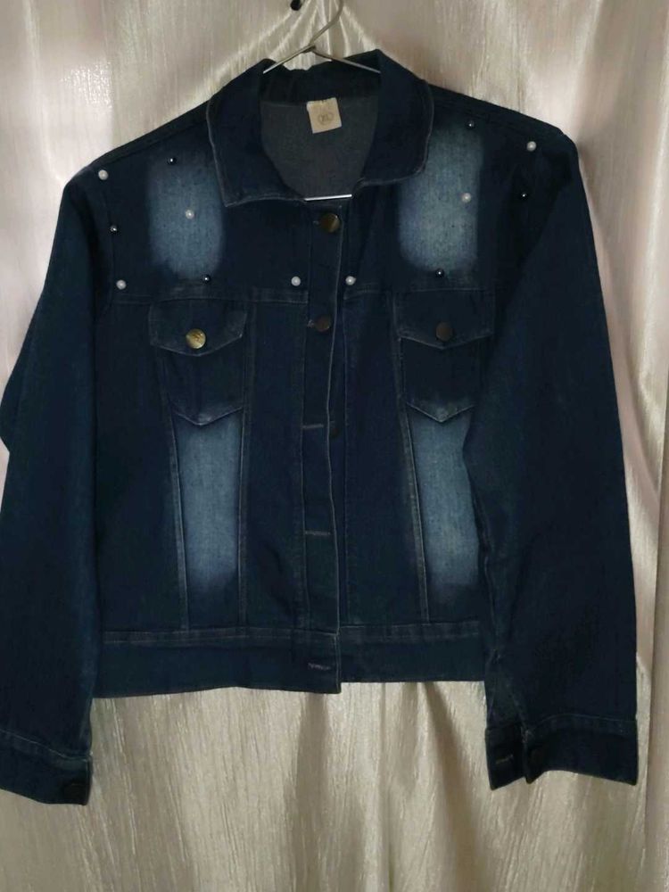 Navy Blue Denim Jacket With Pearl Design