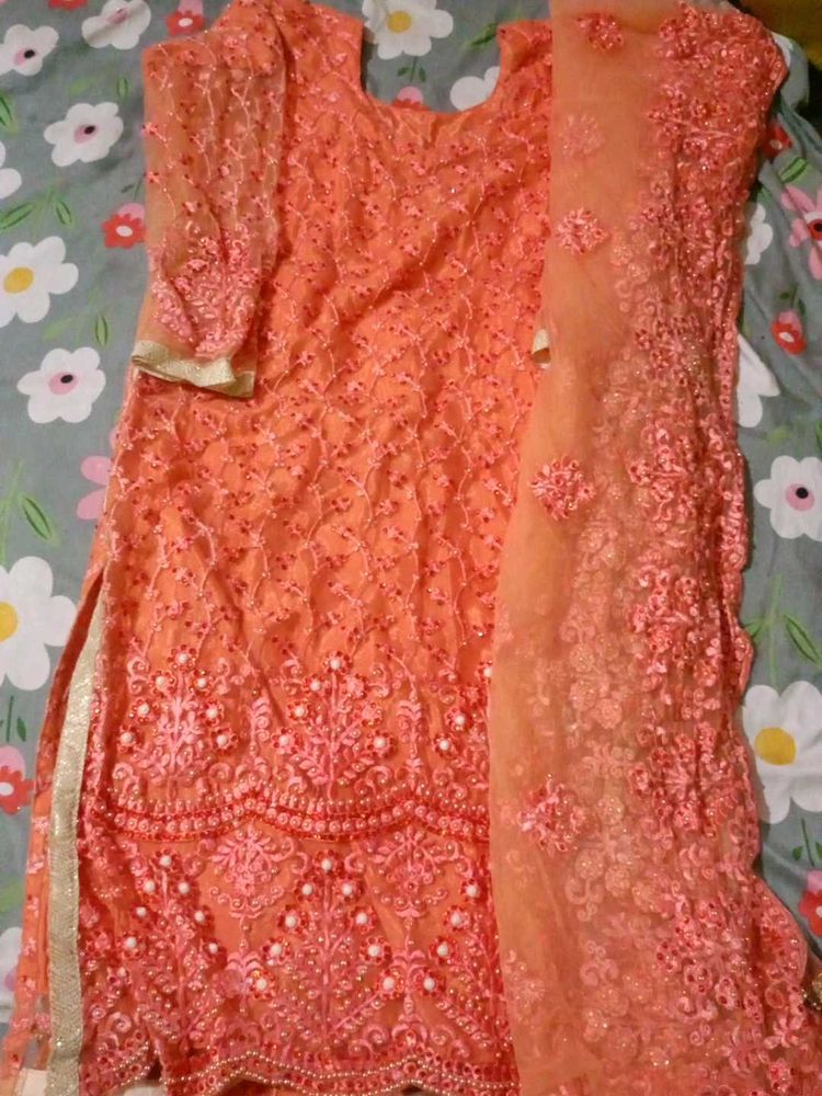 Elegant Peach Embroidered Kurta Set
