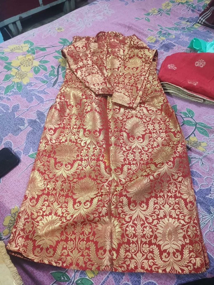 red and off white colour banarasi suit