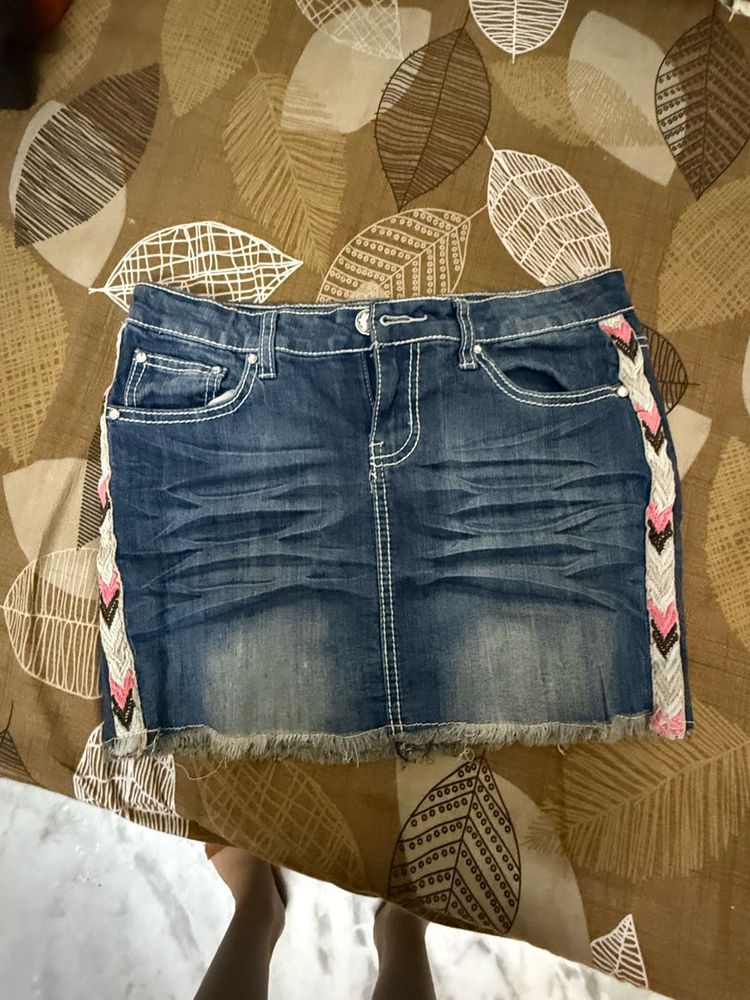 Denim Embroidered Mini Skirt