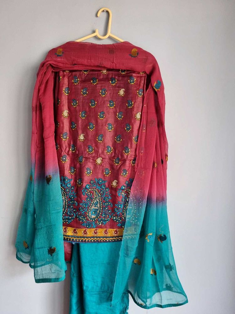 Festive Wine &amp; Teal Silk Salwar Kameez Fabric 3pc