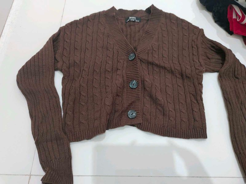 Brown Cable Knit crop Cardigan