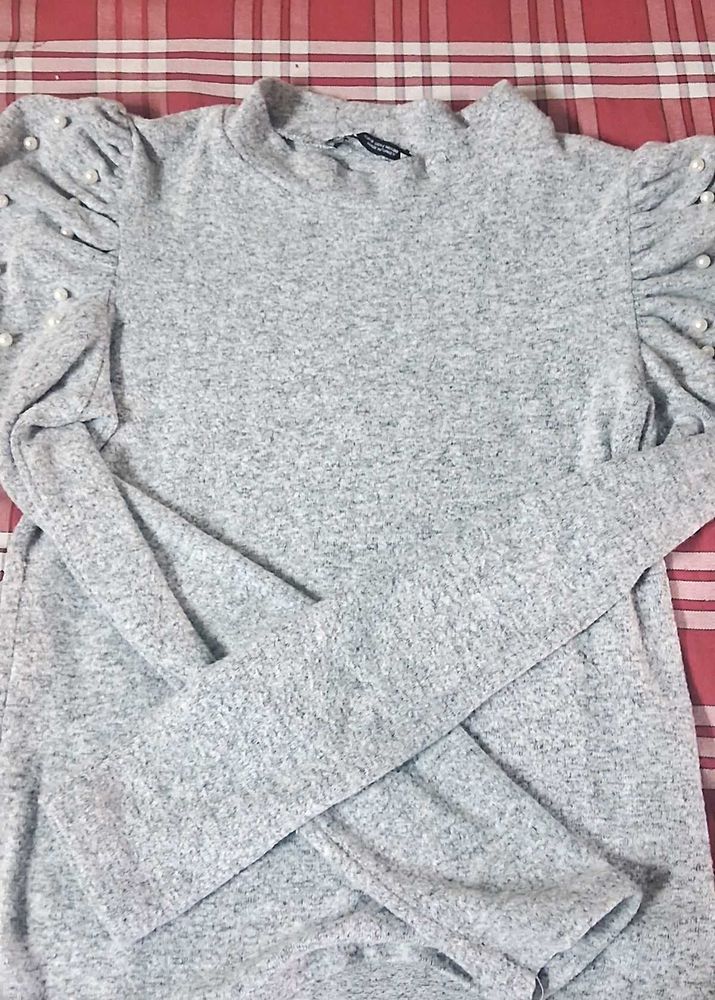 Zara Grey Long Sleeve Top with Pearls