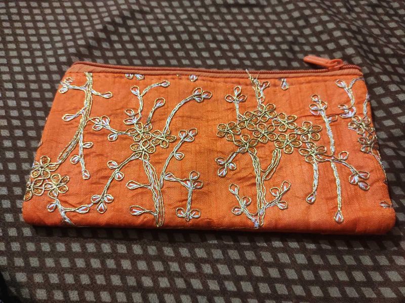 New Embroidered Orange Pouch