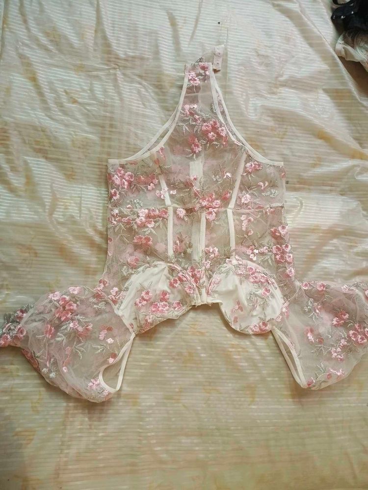 Fully embroidered floral baby pink body suit