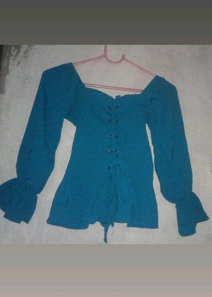 sea green Long Sleeve Corset Top