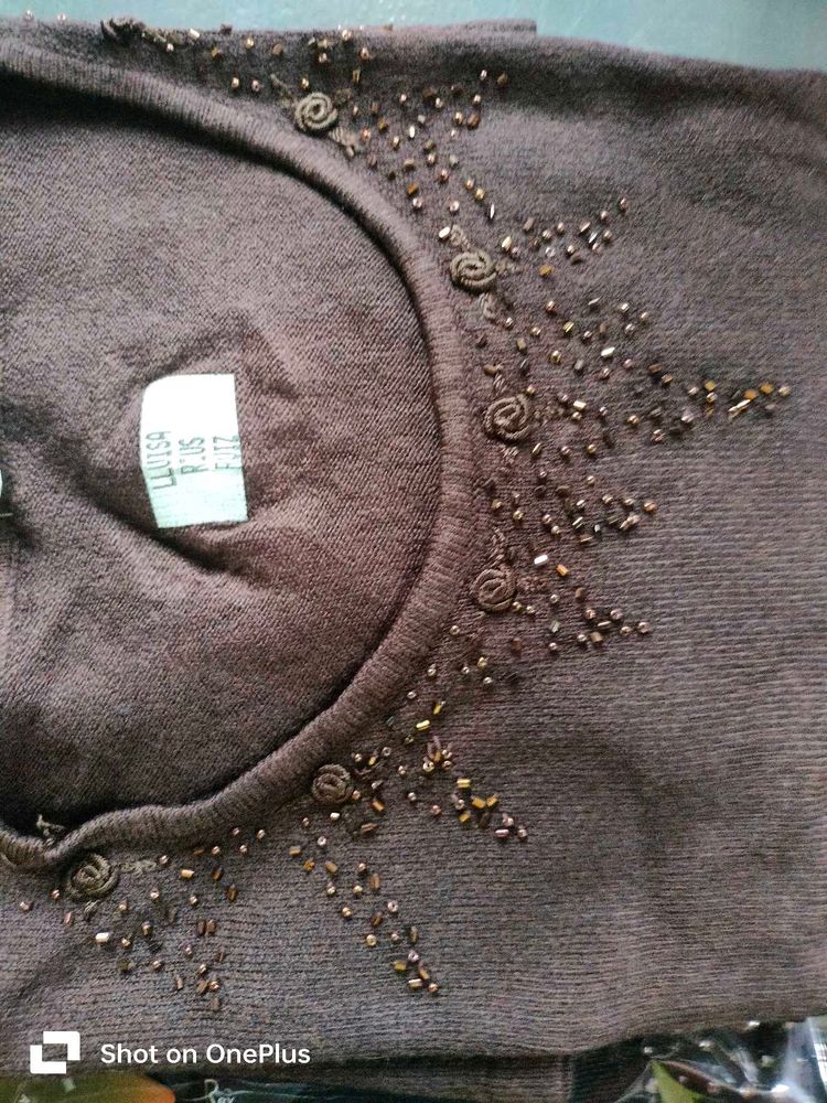 Embellished Brown Knit Top