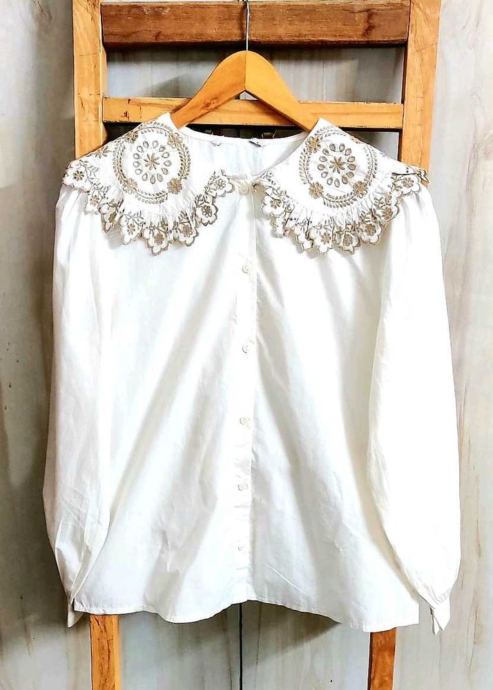 Elegant White Embroidery Blouse Size-42