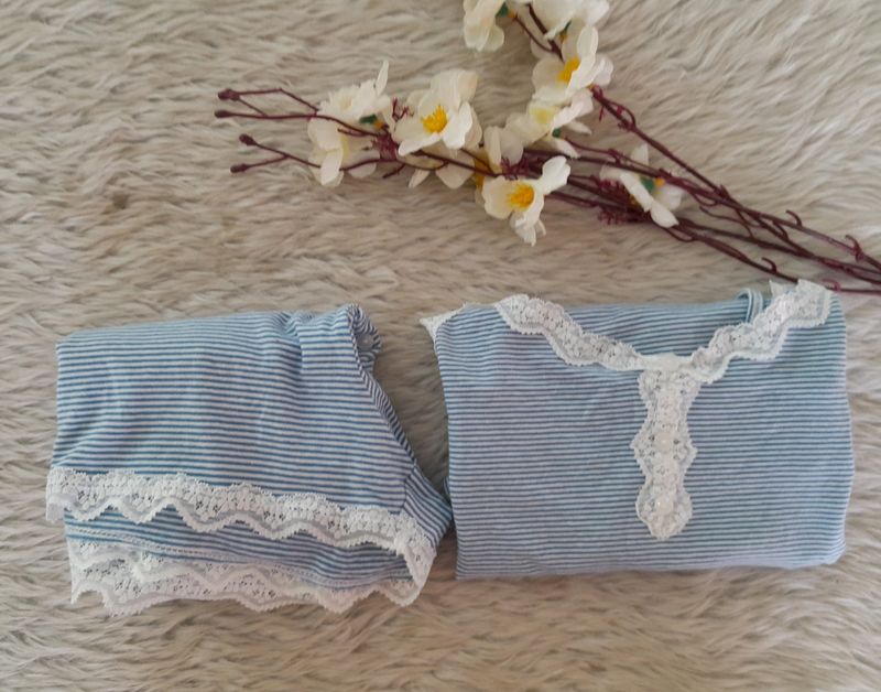 Sky blue and White  Strips Nightsuits(Women&#39;s)