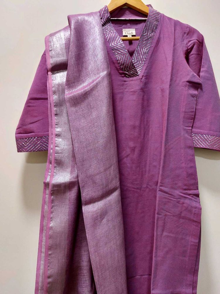 Purple Cotton Kurta With Linen Dupatta
