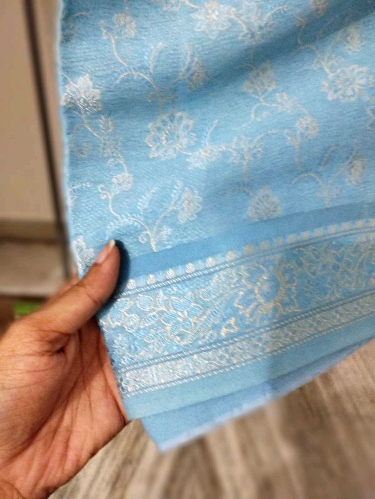Resham Work Blue Saree ( Pure Chiffon)