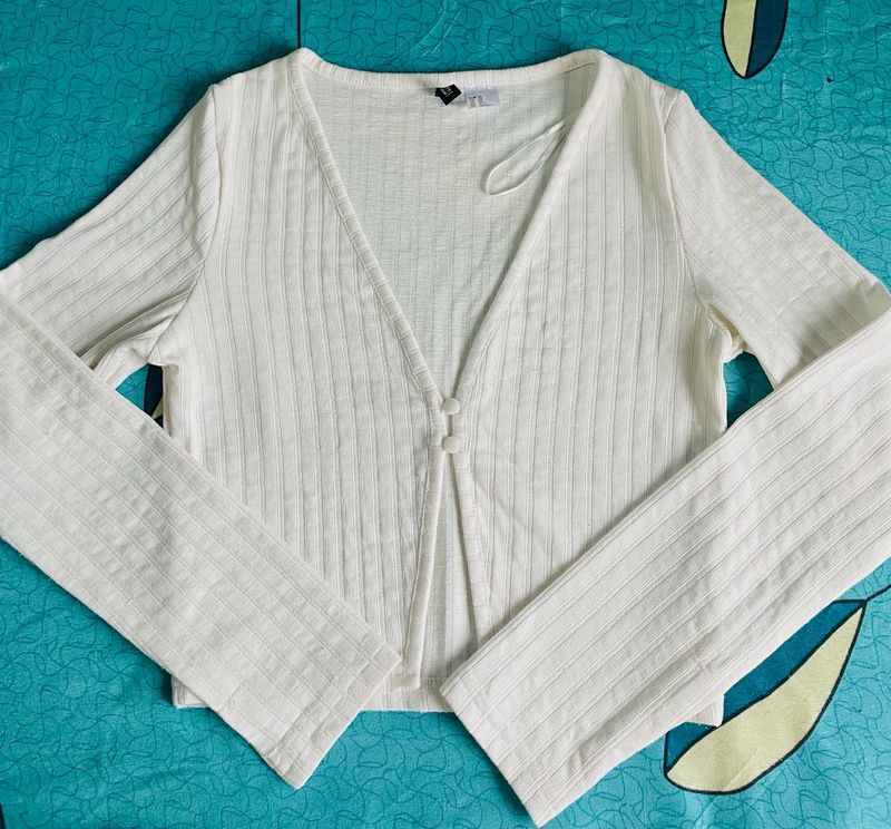 White Ribbed Crop Cardigan