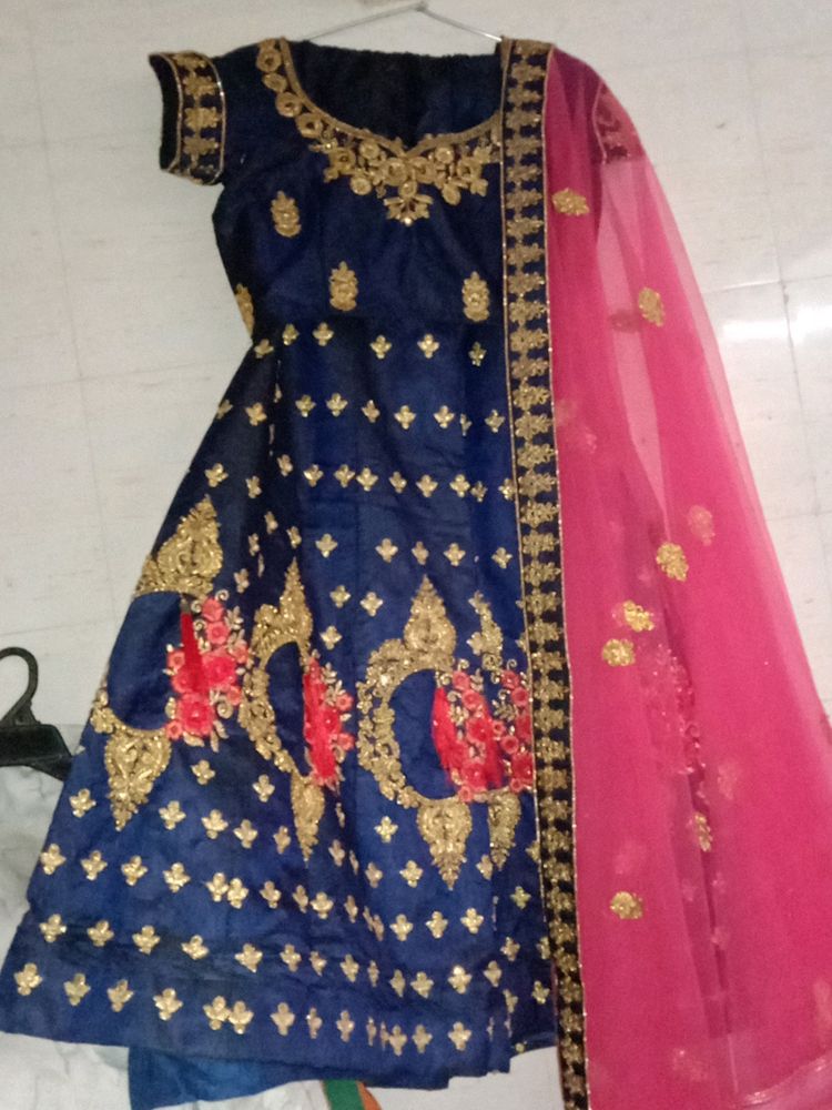 Elegant Blue &amp; Gold Embellished Indian Dress
