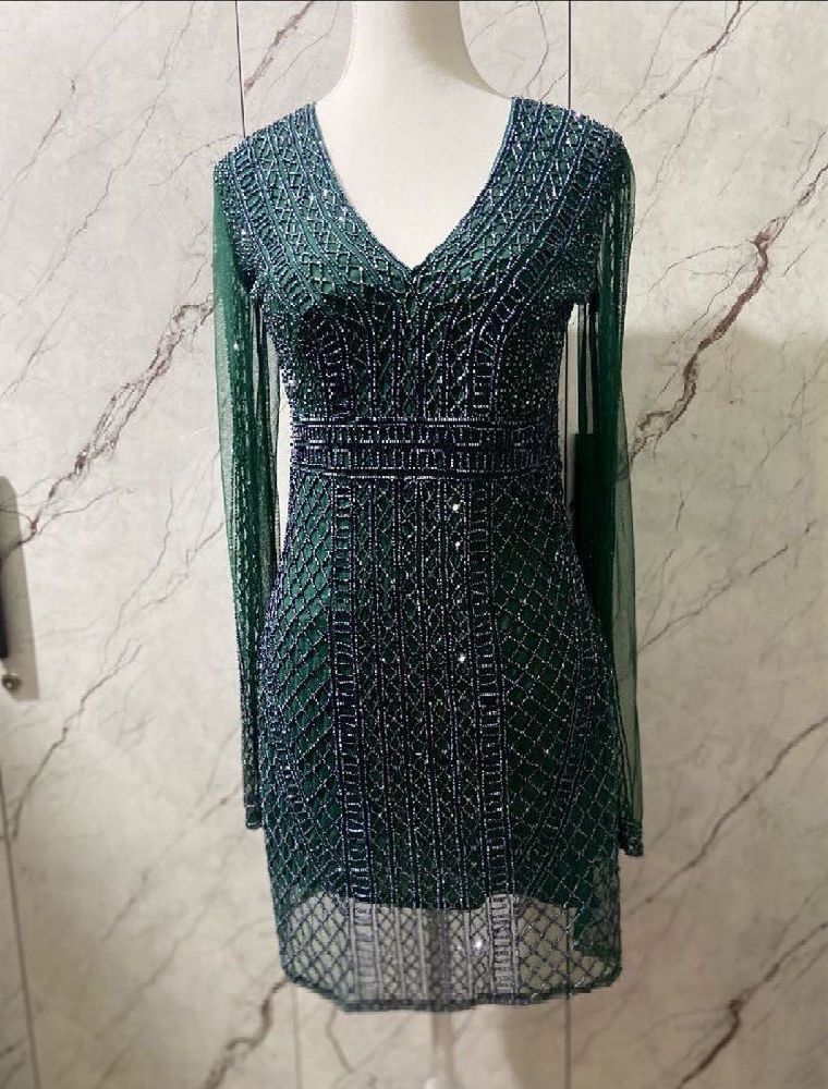 Bottle Green Heavy Work Designer Cocktail Dress