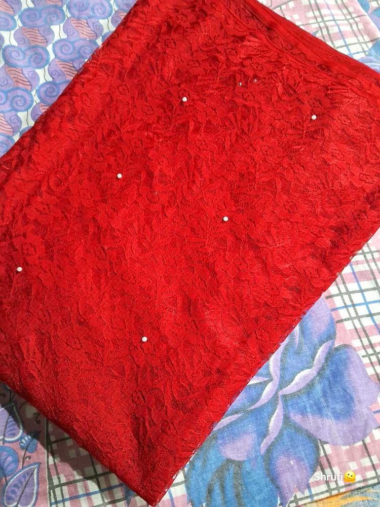 Red Floral Lace Fabric with Pearls