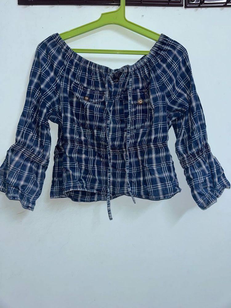 Blue Plaid Off-Shoulder Top