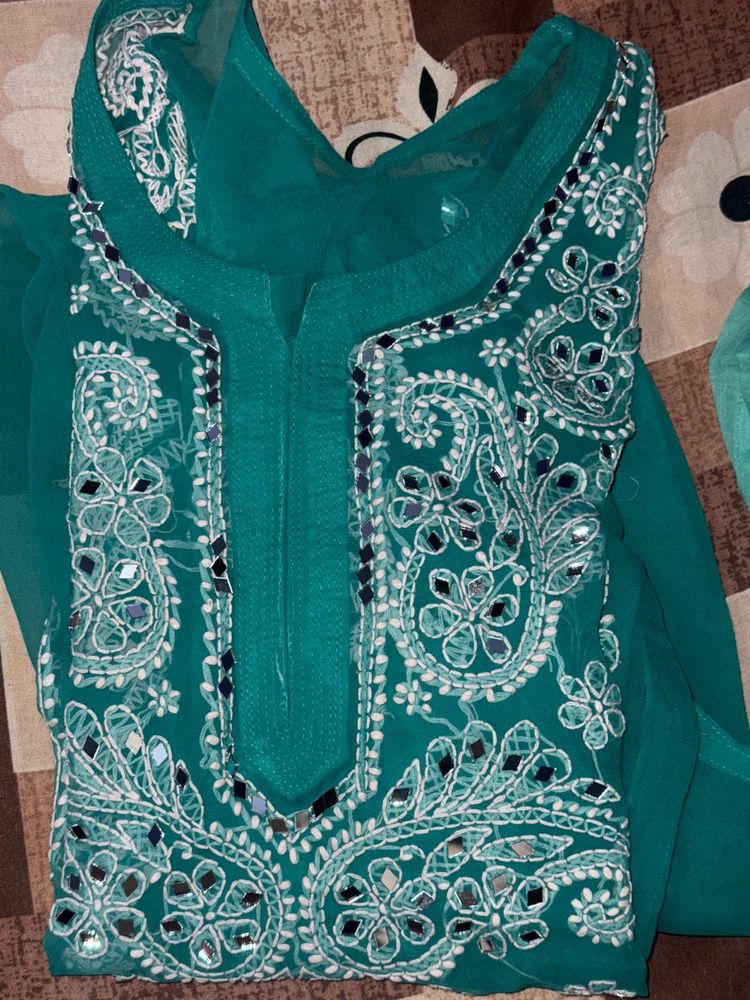 Elegant Teal Chikan Kurti with Mirror Work