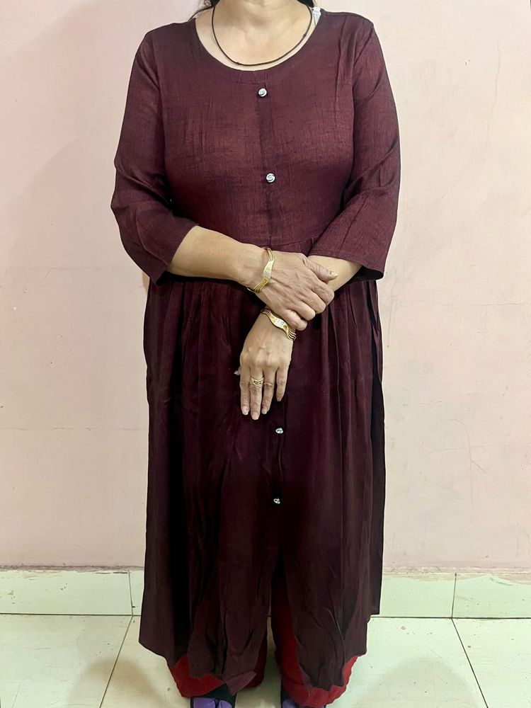 Deep Maroon A-Line Kurti - Button Detail - Size L