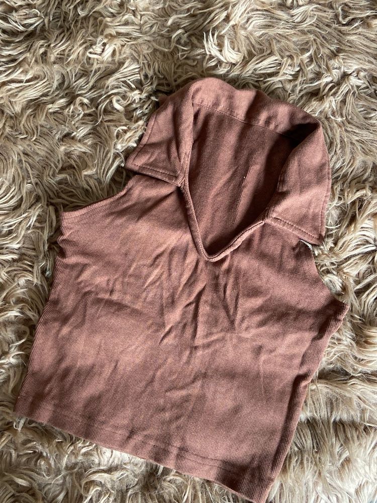Brown Collared Crop Top