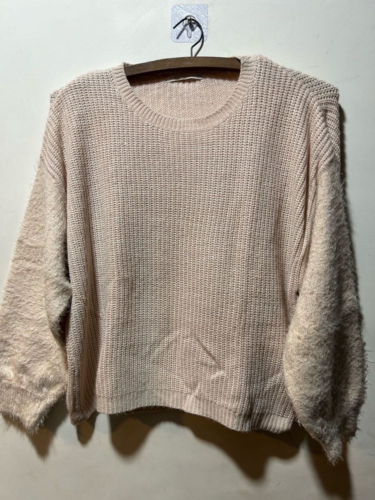 Blush Sweater with Fuzzy Sleeves