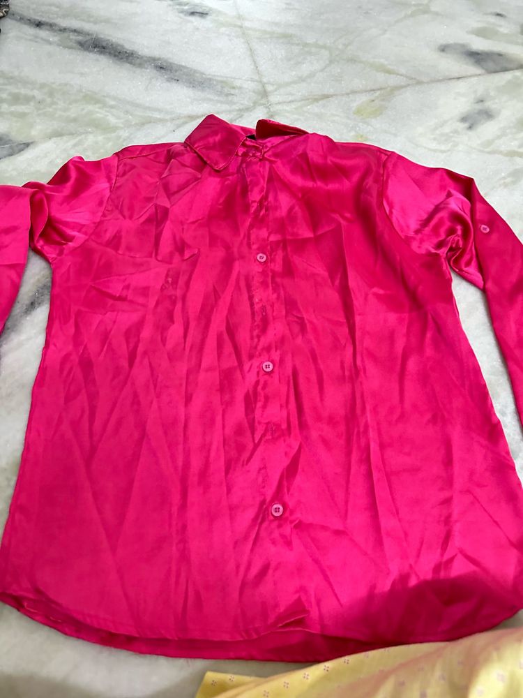 Hot Pink Satin Button-Down