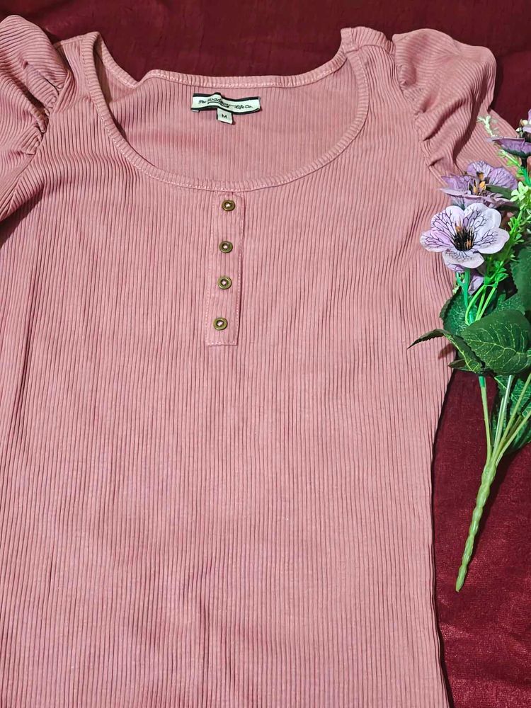 Cute Pink Ribbed Puff Sleeve Top