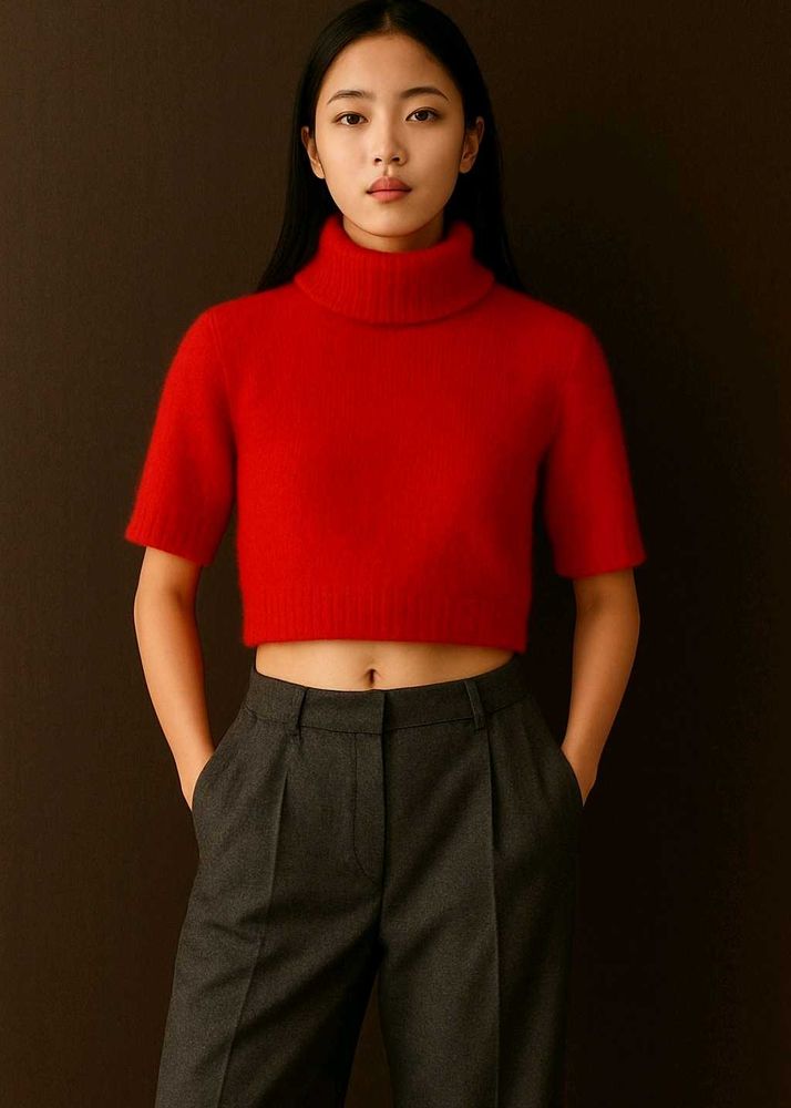 Red Turtleneck Short Sleeve Sweater