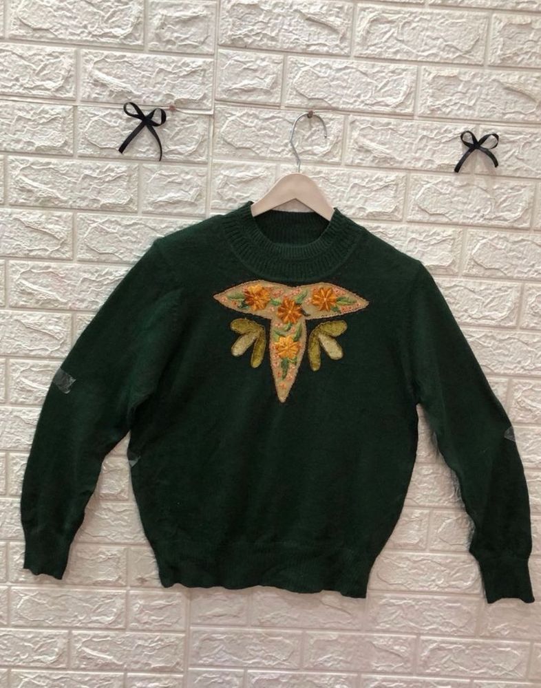 Green Floral Embroidered Sweater