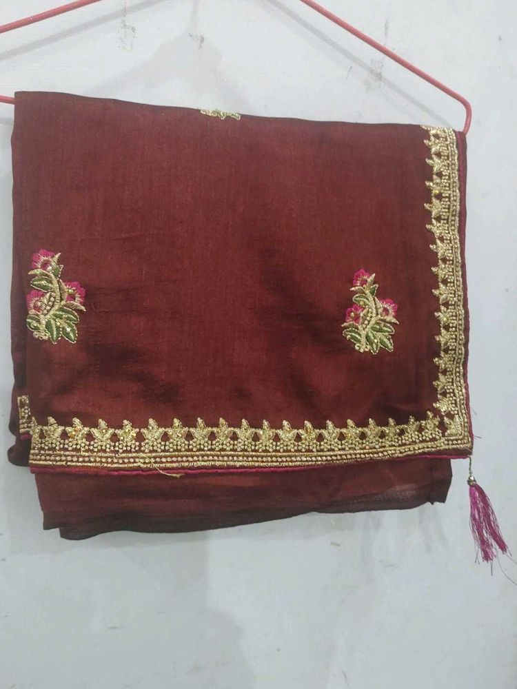 Embroidered Brick Maroon Colour Saree