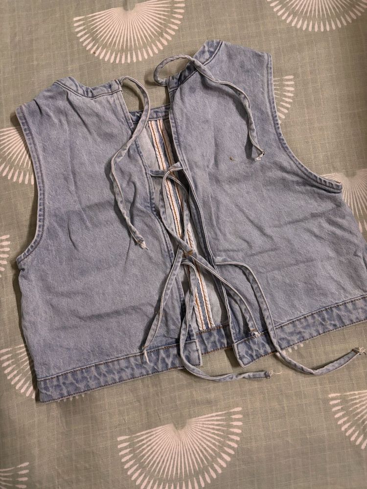 Denim Tie-Back Cropped Vest