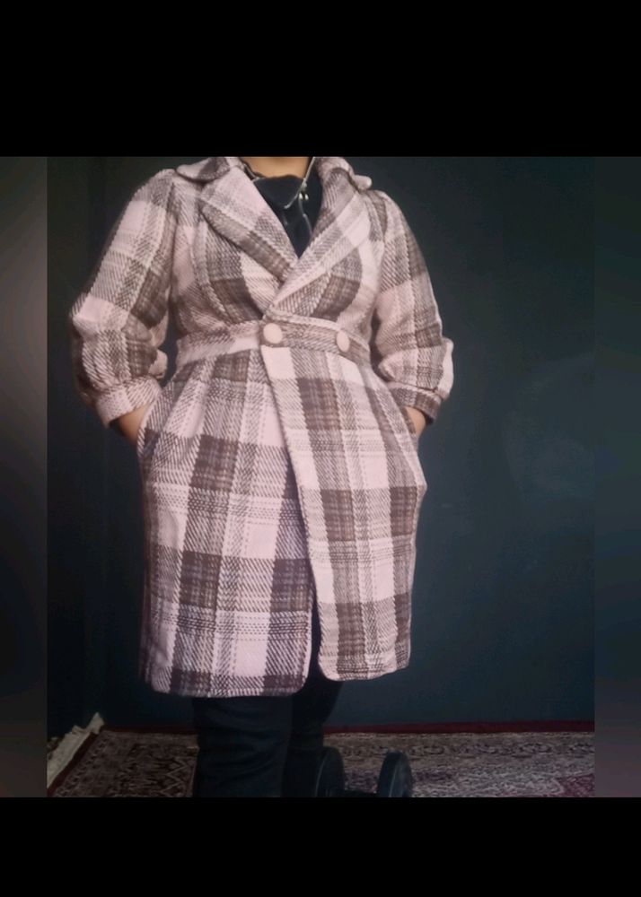 PINK CHECKED OVERCOAT/ TRENCH COAT. Size M To L