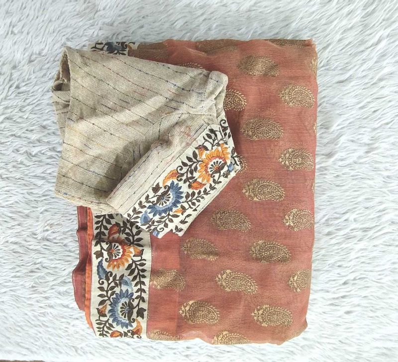 Coral And Beige Embroidered Saree (Women&#39;s)