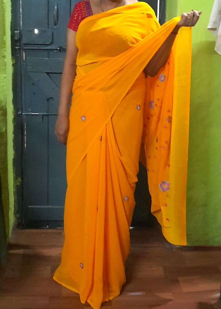 New Yellow Soft Silk Thread Work Saree For Haldi