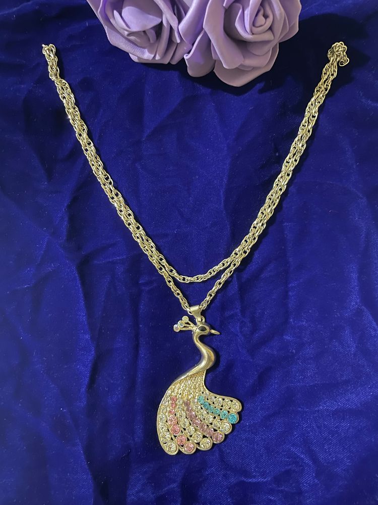 Stylish Peacock Long Silver Chain