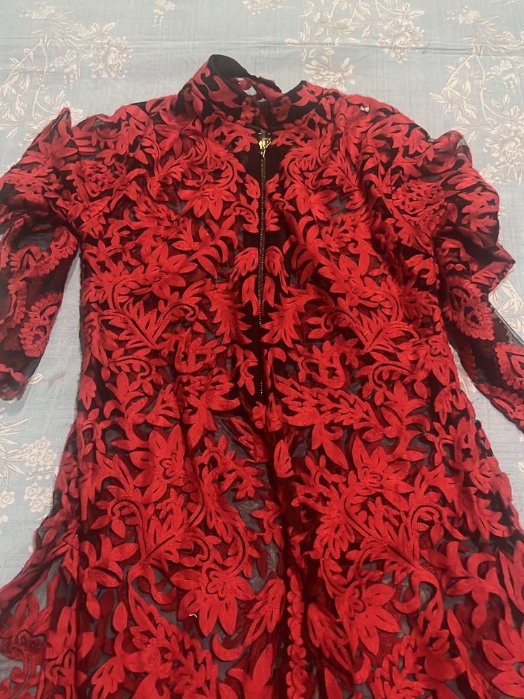 Red Floral Lace Sheer Dress