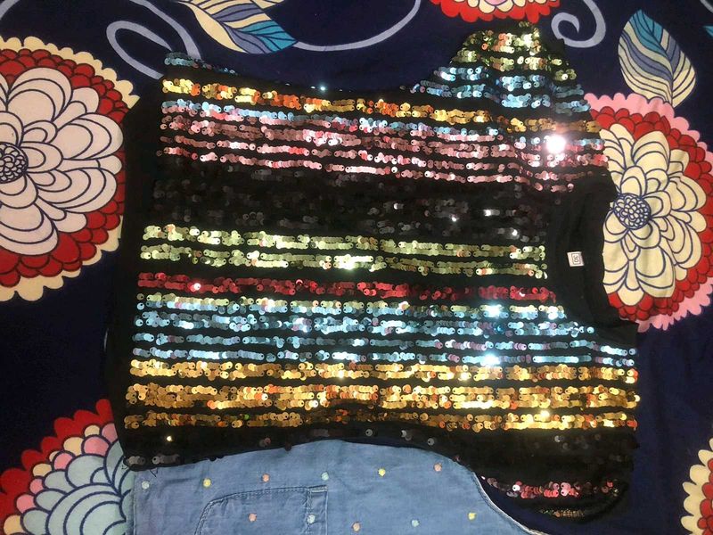 Combo Of Denim Dingri And Sequence T Shirt