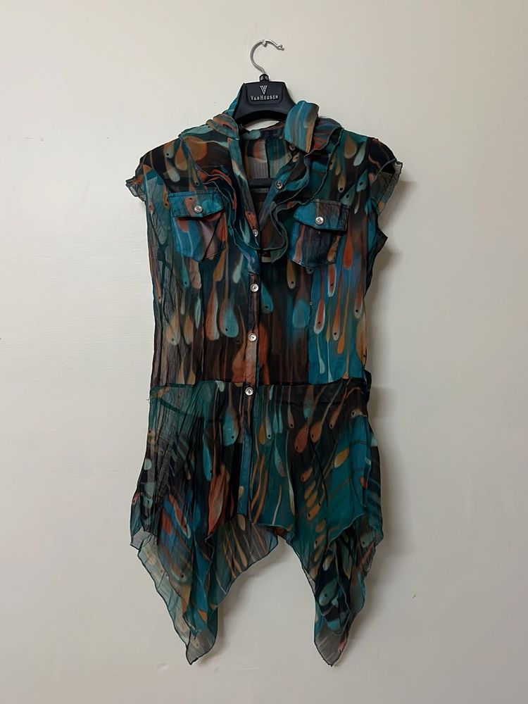 Abstract Sheer Ruffle Blouse