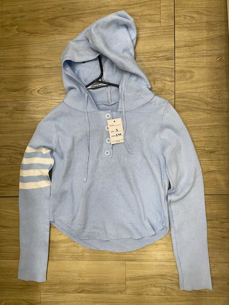 Light Blue Cropped Knit Hoodie - Size - S