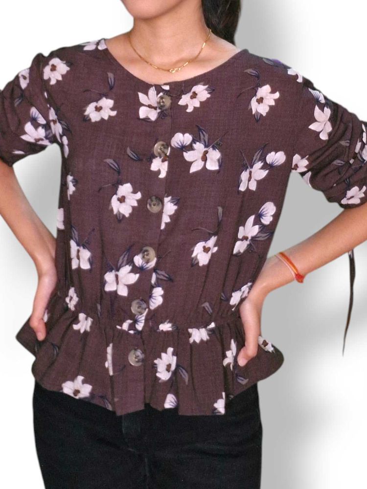 Elegant Brown &amp; White Floral Top