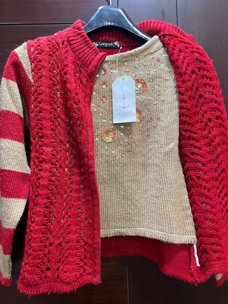 Red &amp; Beige Knitted Cardigan Set