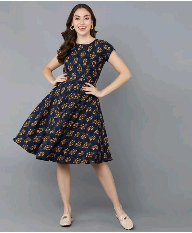 Women Fit &amp; Flare Blue Dress With Belt