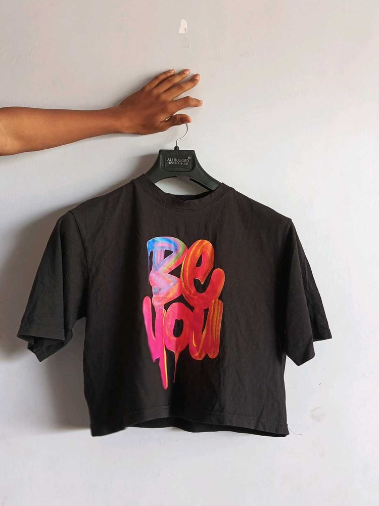 Oversized Cropped Tshirt For Women - Black