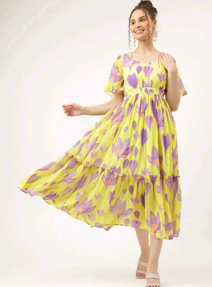 Beautiful Yellow And Lavender Tulip Floral Dress🌷