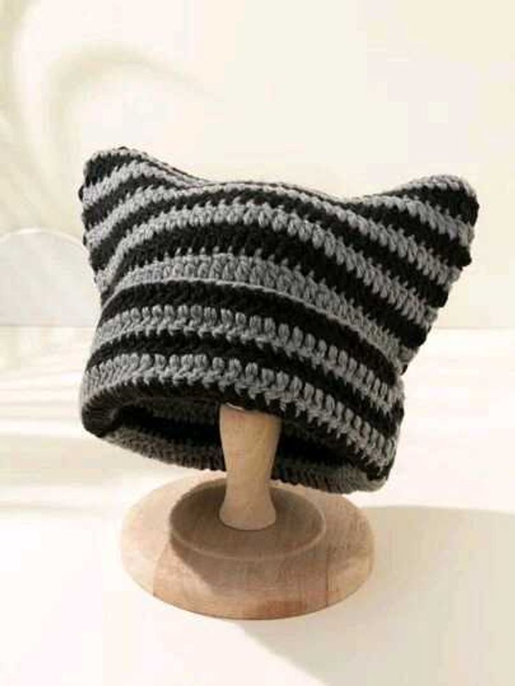 Striped Crochet Cat Ear Beanie