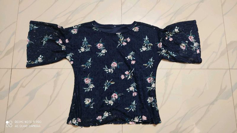 Navy Blue Lace Top with Floral Patterns