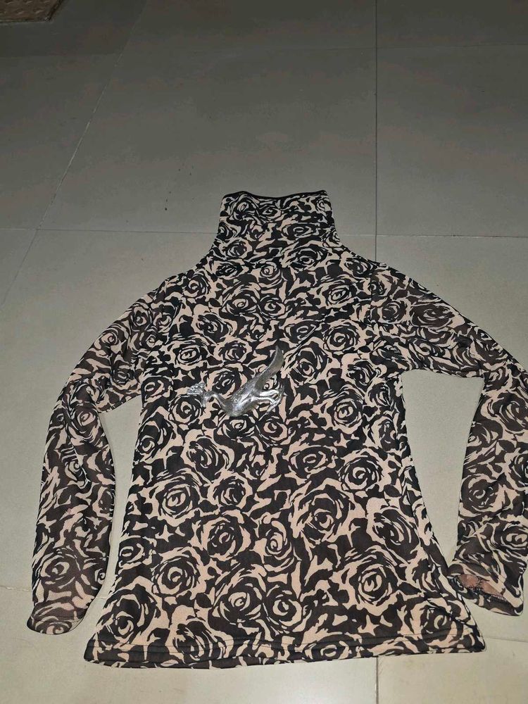 Floral Mesh Fleece Turtleneck Top
