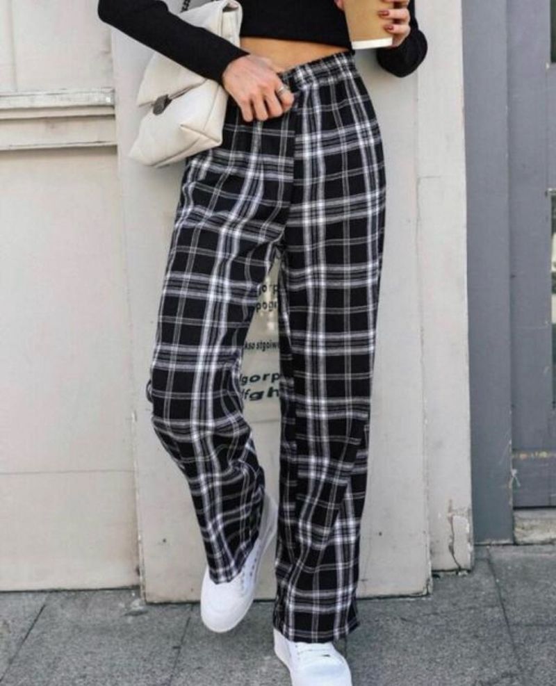 Trendy Plaid Wide Leg Pants