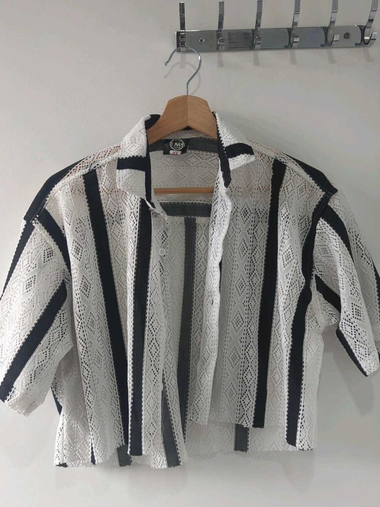 Crochet Stripe Crop Shirt