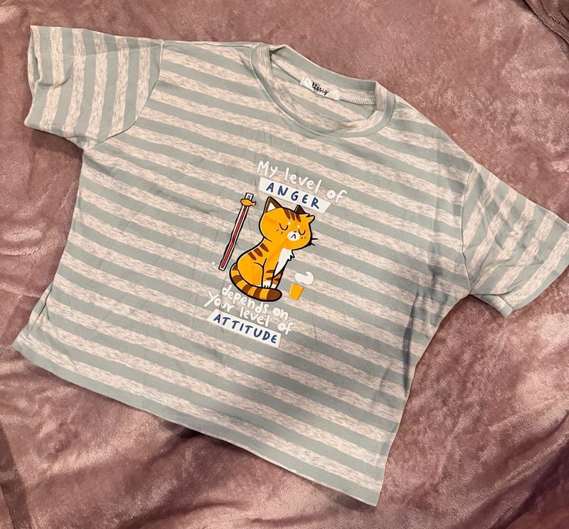 Cute Striped Tee with Cat Graphic