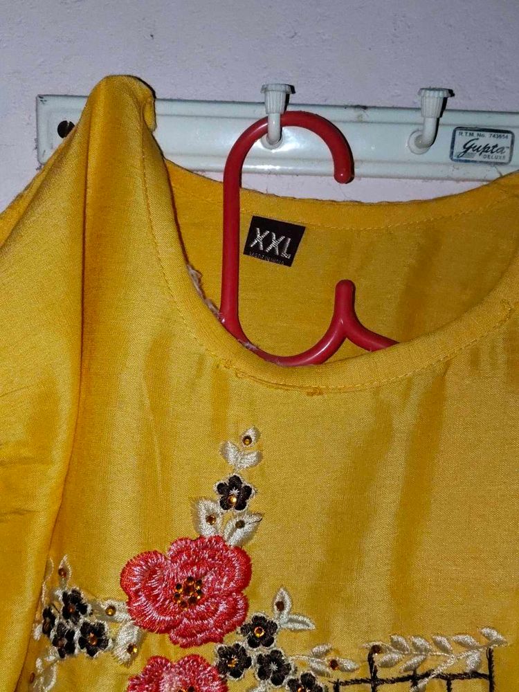 Yellow Embroidered Kurti - XXL